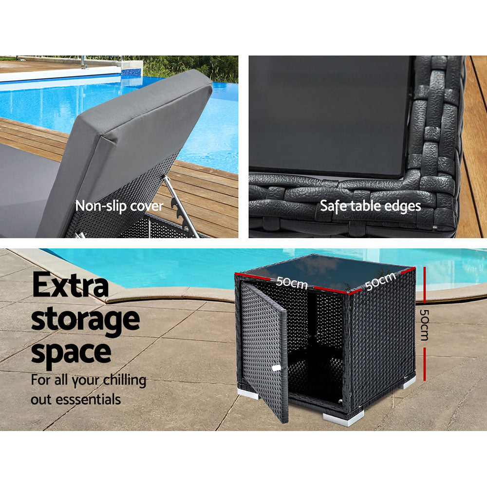 Gardeon 3PC Sun Lounge Wicker Lounger Outdoor Furniture Day Bed Rattan Garden - TRENDZ