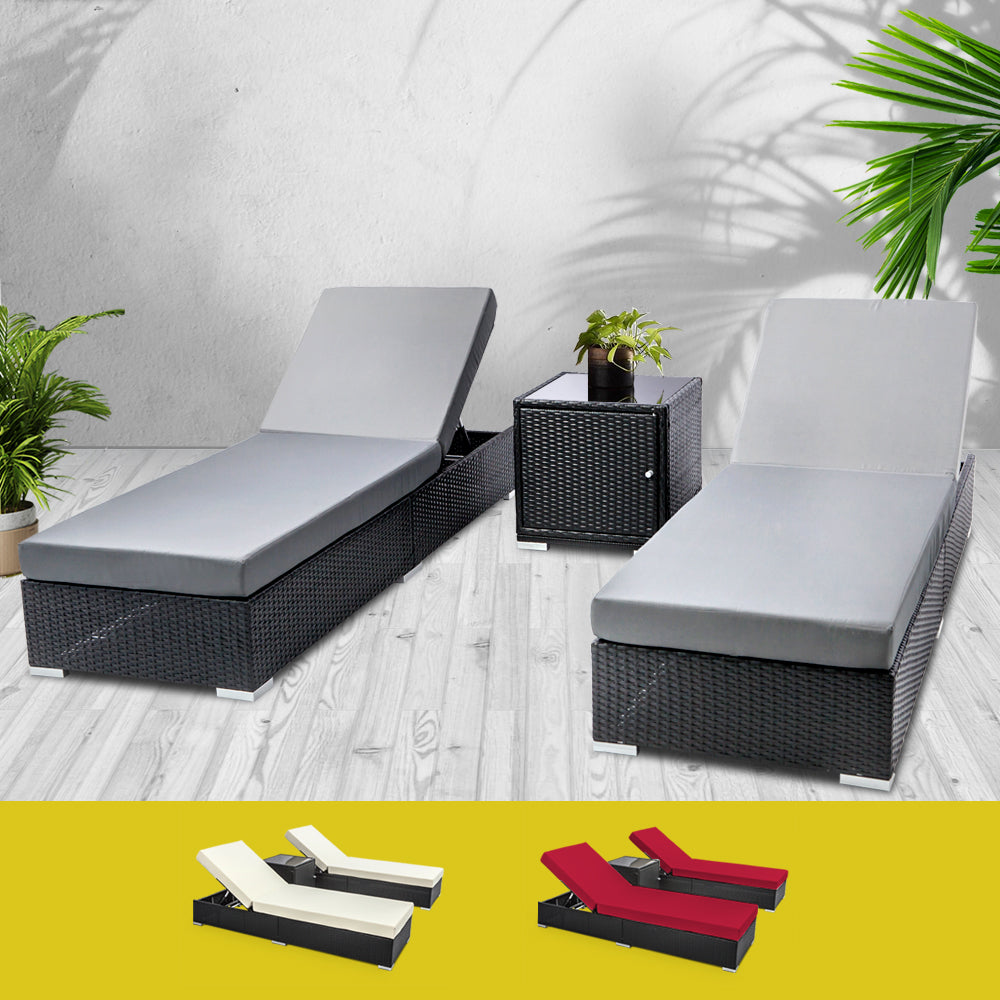 Gardeon 3PC Sun Lounge Wicker Lounger Outdoor Furniture Day Bed Rattan Garden - TRENDZ