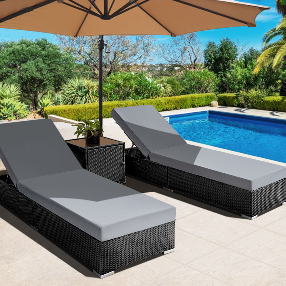 Gardeon 3PC Sun Lounge Wicker Lounger Outdoor Furniture Day Bed Rattan Garden - TRENDZ