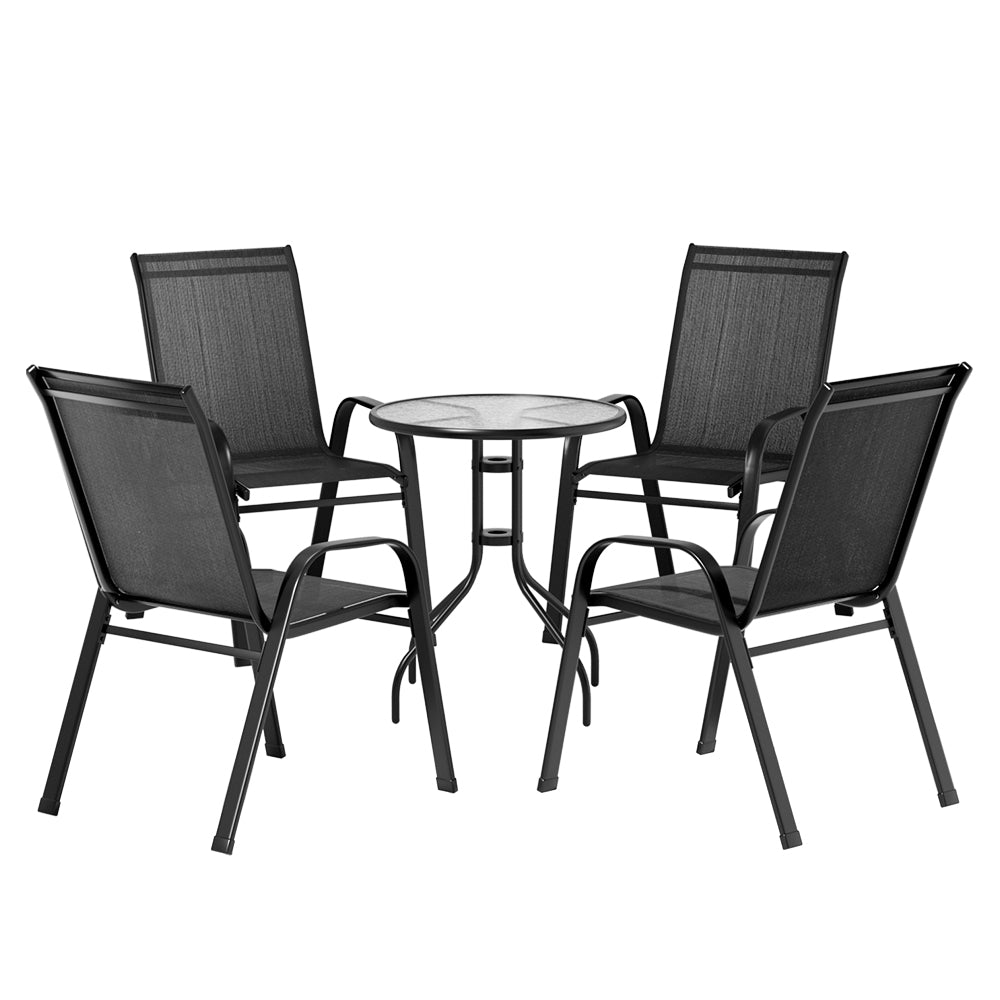 Gardeon 5PC Bistro Set Outdoor Table and Chairs Stackable Outdoor Furniture Black - TRENDZ