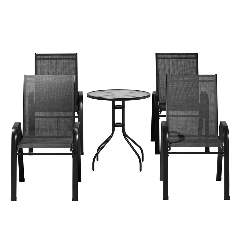 Gardeon 5PC Bistro Set Outdoor Table and Chairs Stackable Outdoor Furniture Black - TRENDZ