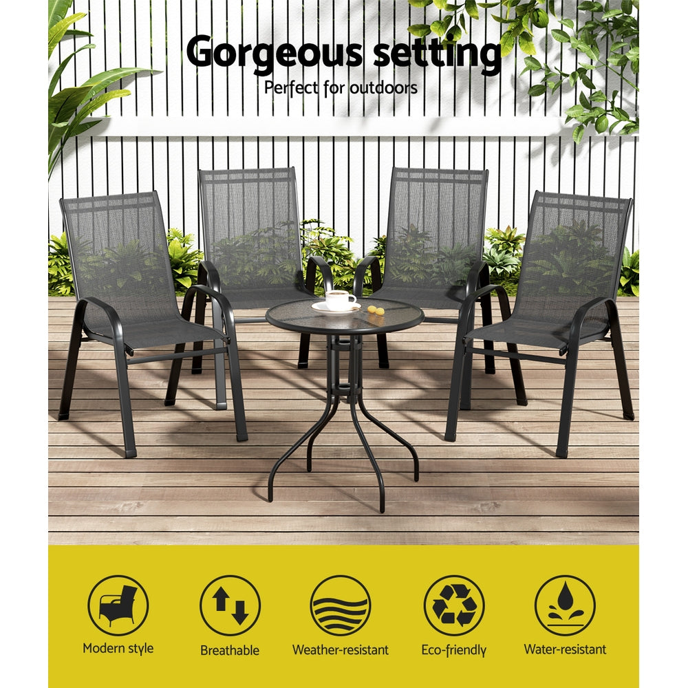 Gardeon 5PC Bistro Set Outdoor Table and Chairs Stackable Outdoor Furniture Black - TRENDZ