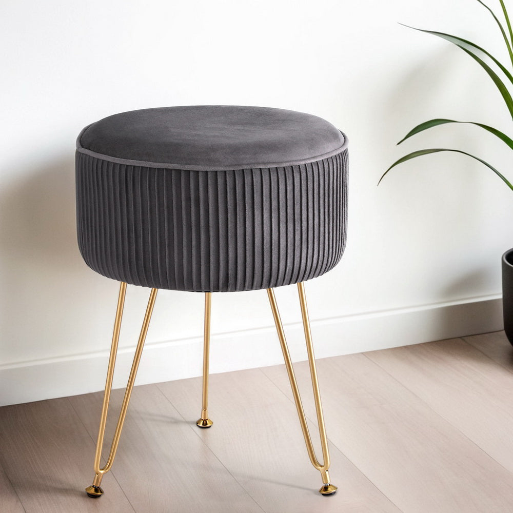 Artiss Ottoman Foot Stool Vanity Velvet Round Grey - TRENDZ