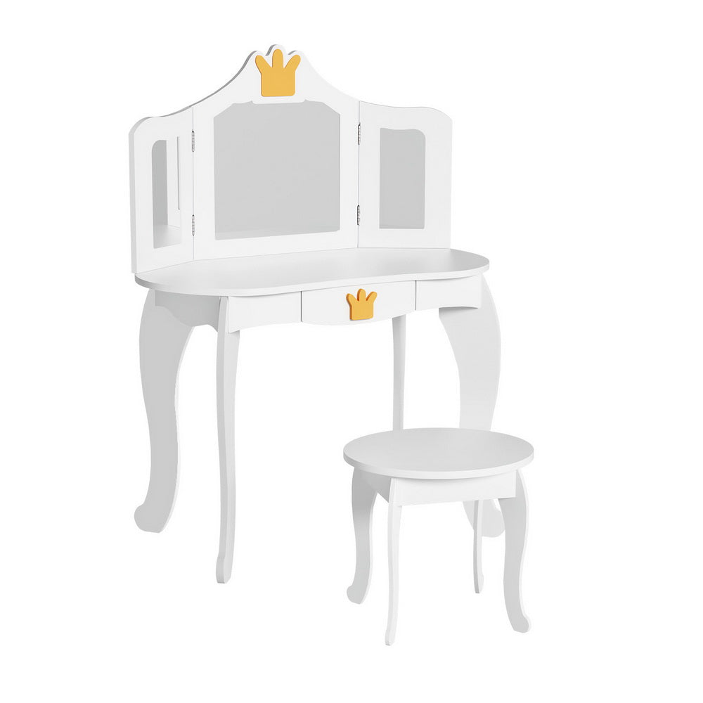 Keezi Kids Dressing Table Vanity Makeup Chair Set Wooden 3 Mirror Drawer White - TRENDZ