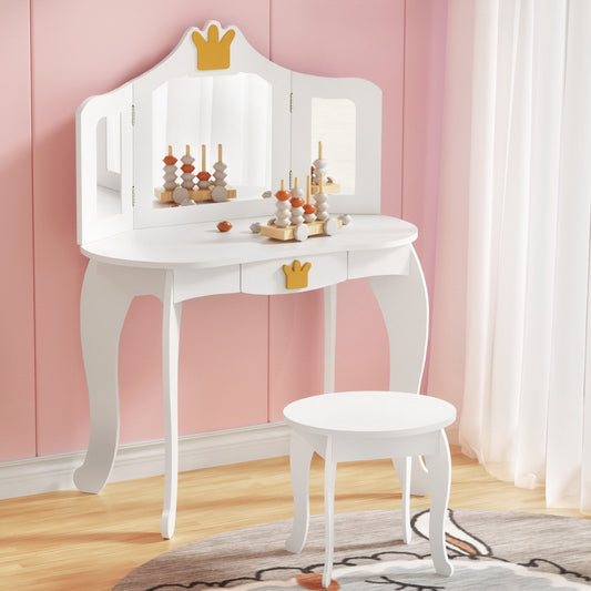 Keezi Kids Dressing Table Vanity Makeup Chair Set Wooden 3 Mirror Drawer White - TRENDZ