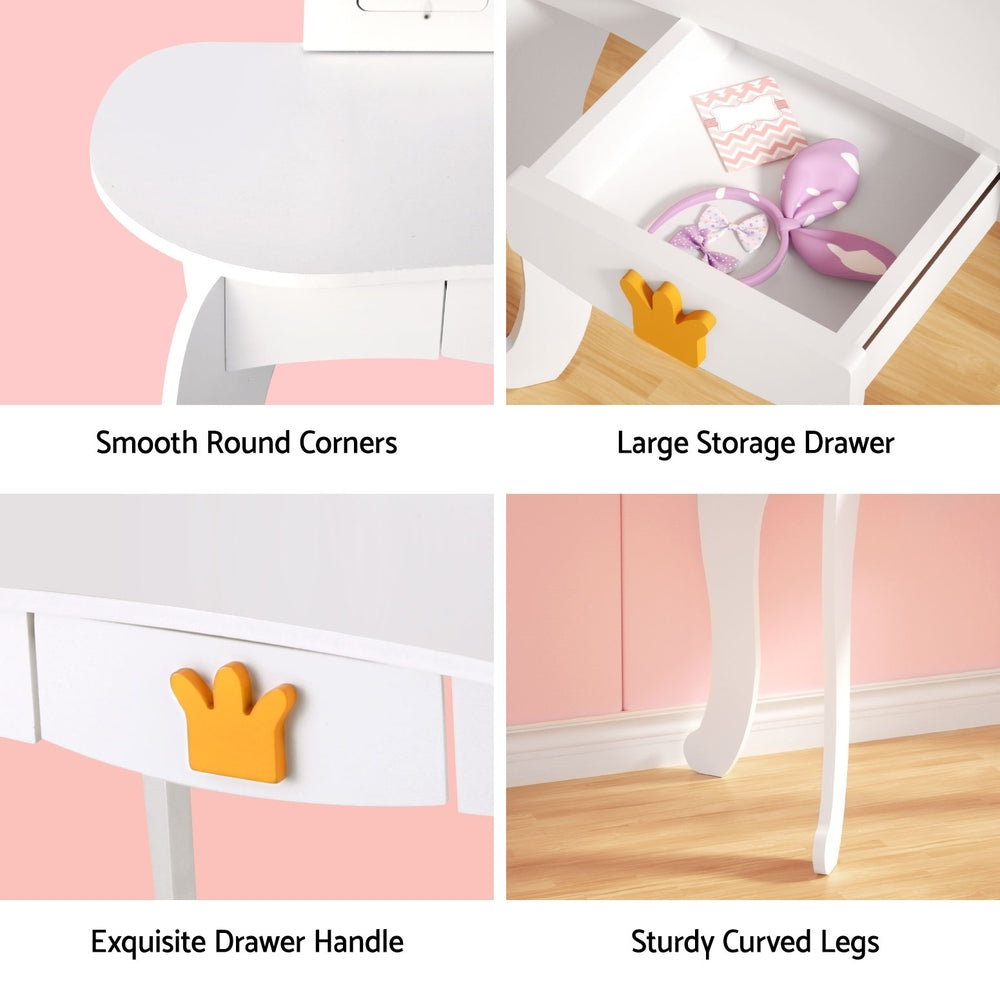 Keezi Kids Dressing Table Vanity Makeup Chair Set Wooden 3 Mirror Drawer White - TRENDZ