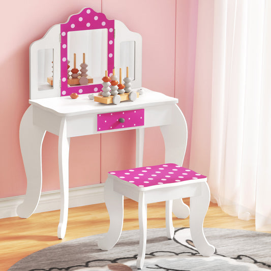 Keezi Kids Dressing Table Vanity Makeup Chair Set Wooden 3 Mirror Drawer Pink - TRENDZ