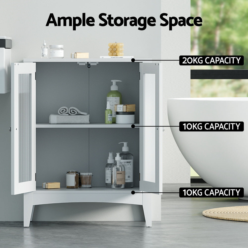 Artiss Bathroom Storage Cabinet 80cm Buffet Sideboard Floor Cupboard Toilet Glass White - TRENDZ