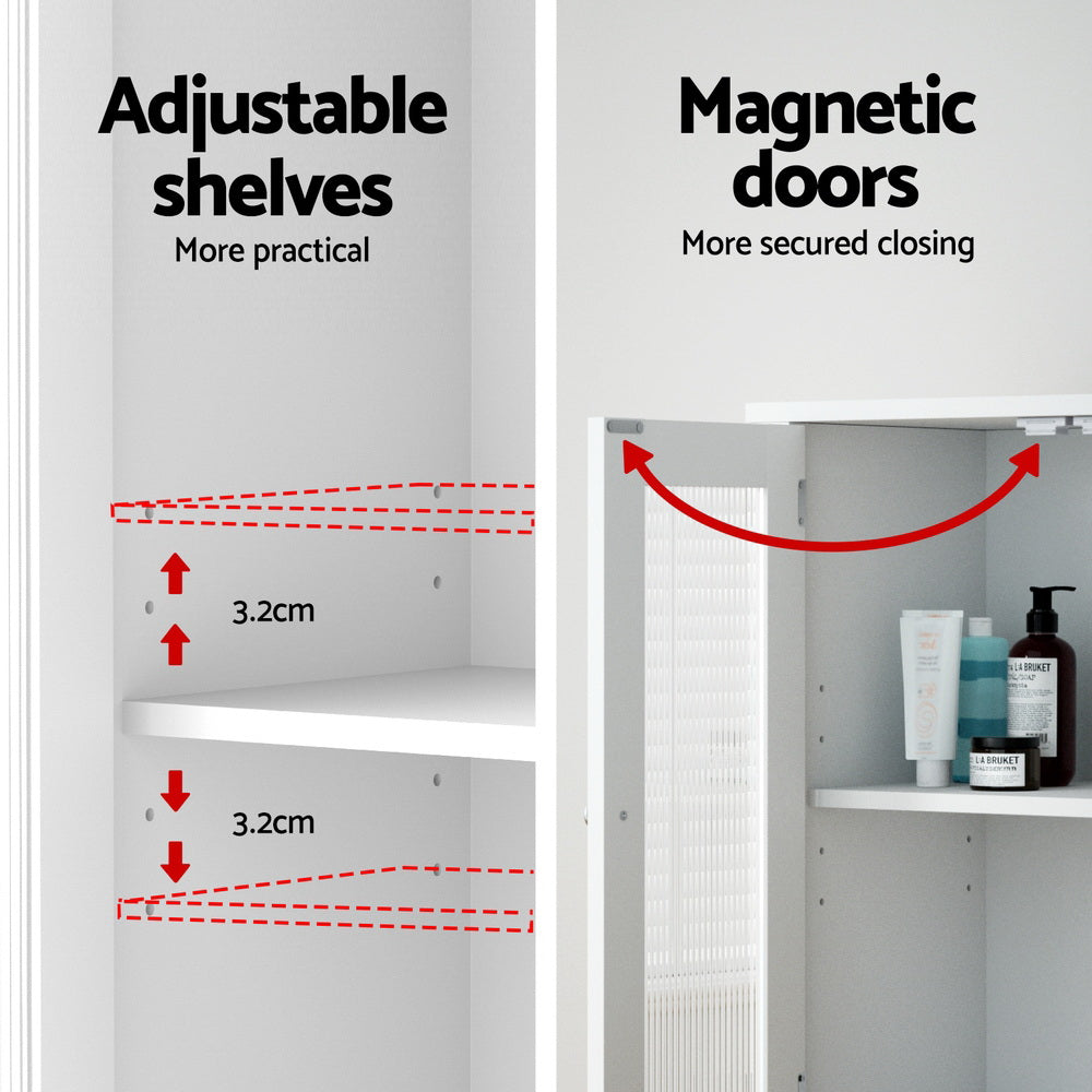 Artiss Bathroom Storage Cabinet 80cm Buffet Sideboard Floor Cupboard Toilet Glass White - TRENDZ