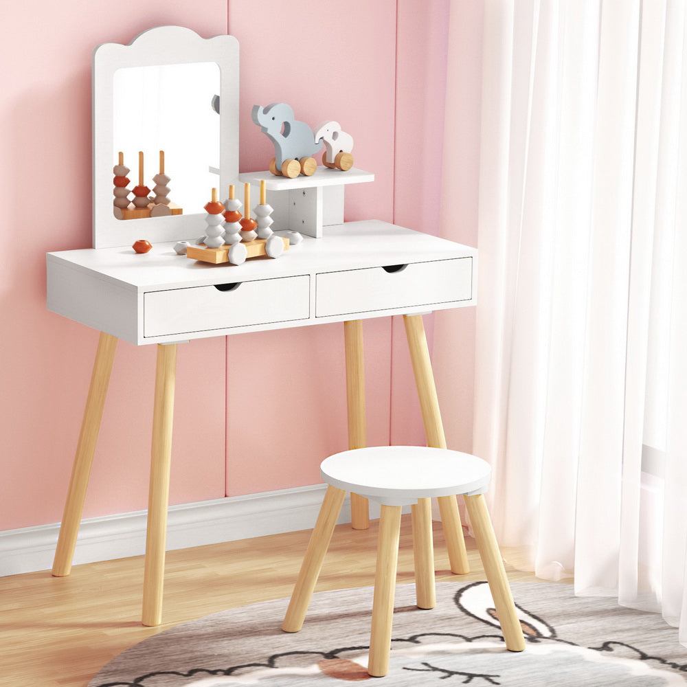 Keezi Kids Dressing Table Vanity Makeup Chair Set with Mirror Drawers Wooden Legs - TRENDZ