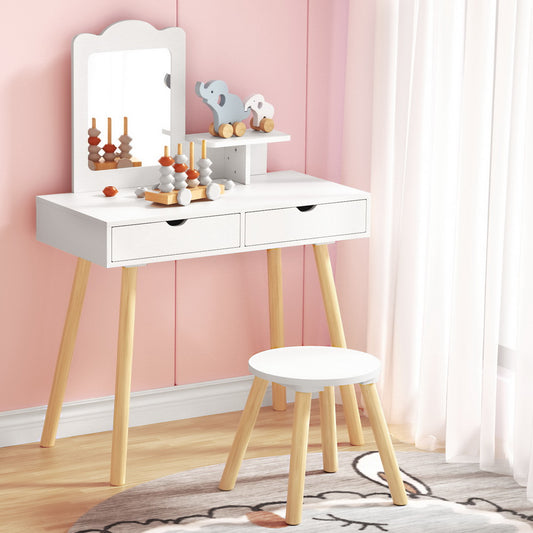 Keezi Kids Dressing Table Vanity Makeup Chair Set with Mirror Drawers Wooden Legs - TRENDZ