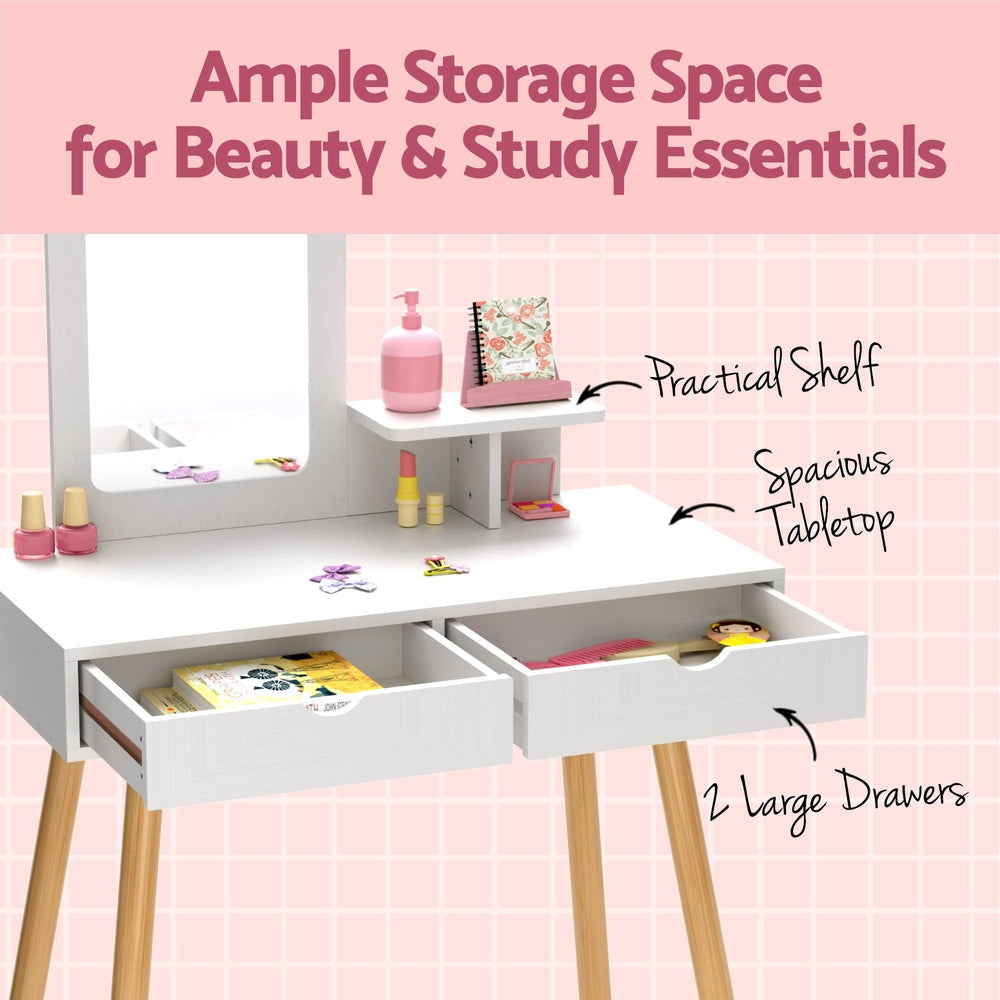 Keezi Kids Dressing Table Vanity Makeup Chair Set with Mirror Drawers Wooden Legs - TRENDZ
