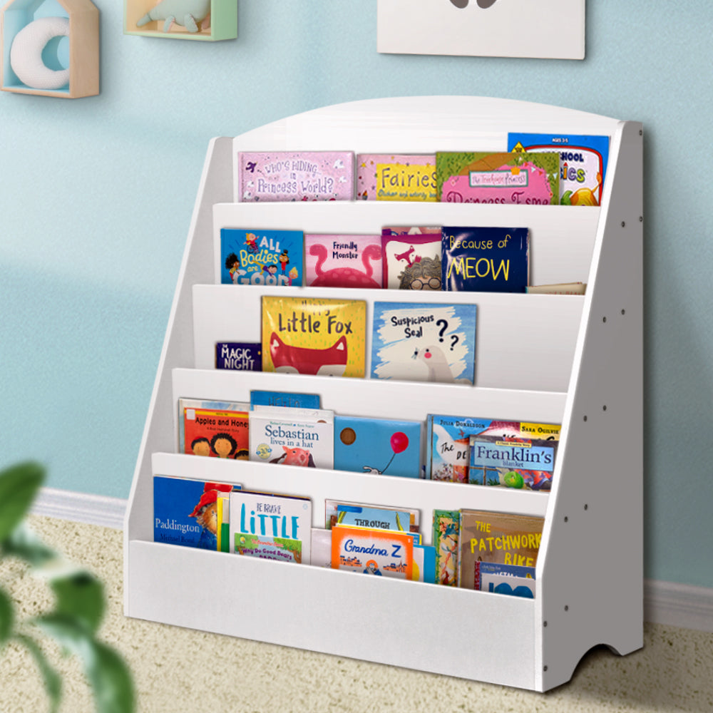 Keezi 5 Tiers Kids Bookshelf Magazine Shelf Organiser Bookcase Display Rack White - TRENDZ