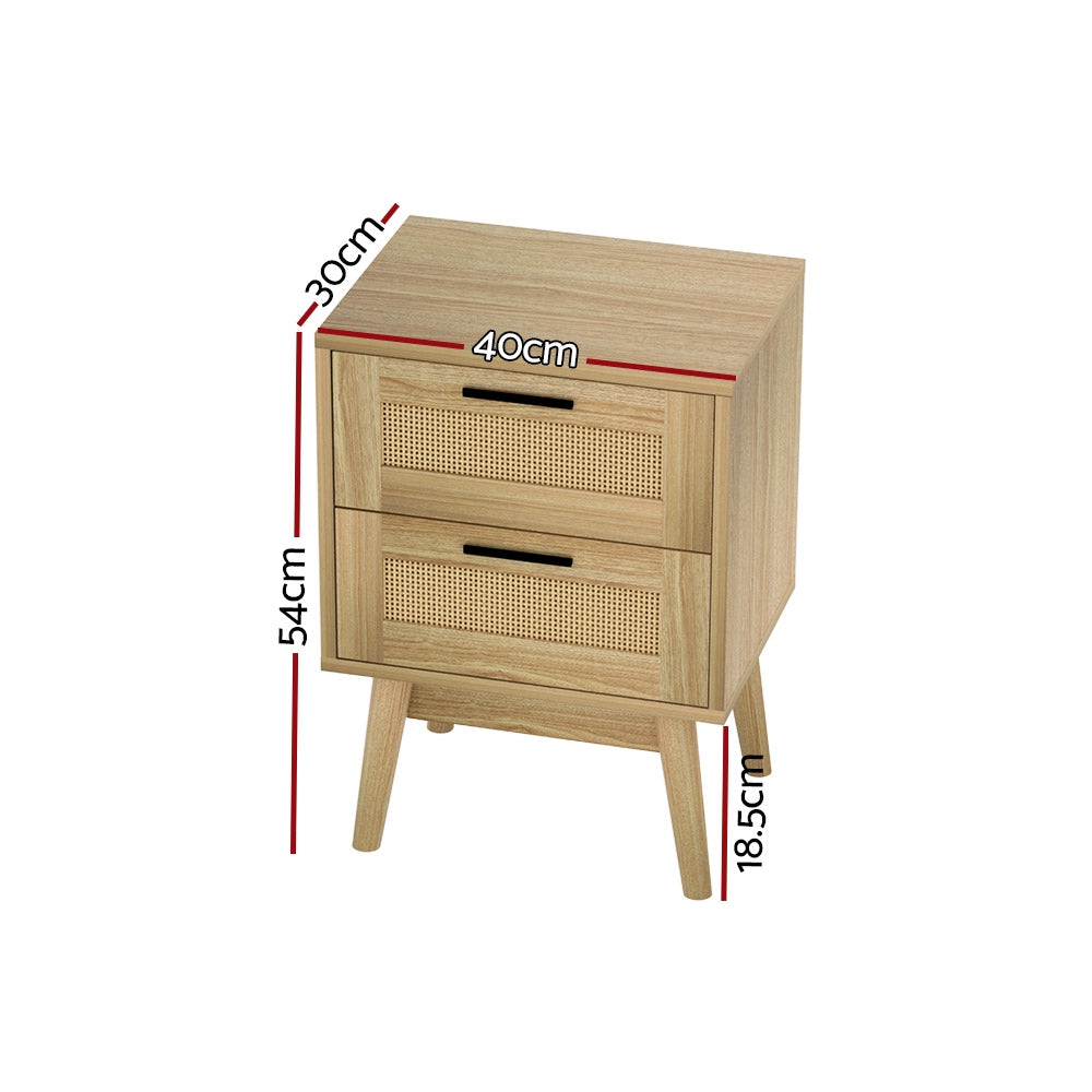 Artiss Rattan Bedside Table 2 Drawers Wood - RIE Oak - TRENDZ
