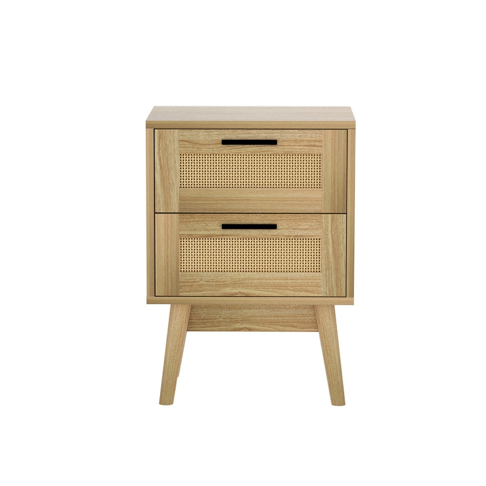 Artiss Rattan Bedside Table 2 Drawers Wood - RIE Oak - TRENDZ
