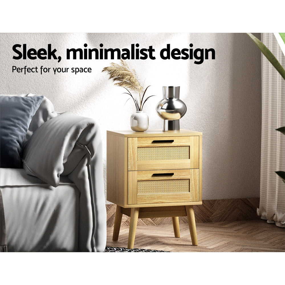 Artiss Rattan Bedside Table 2 Drawers Wood - RIE Oak - TRENDZ