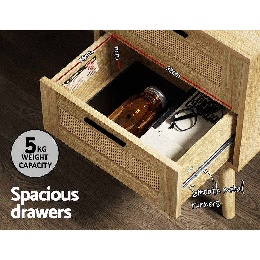 Artiss Rattan Bedside Table 2 Drawers Wood - RIE Oak - TRENDZ