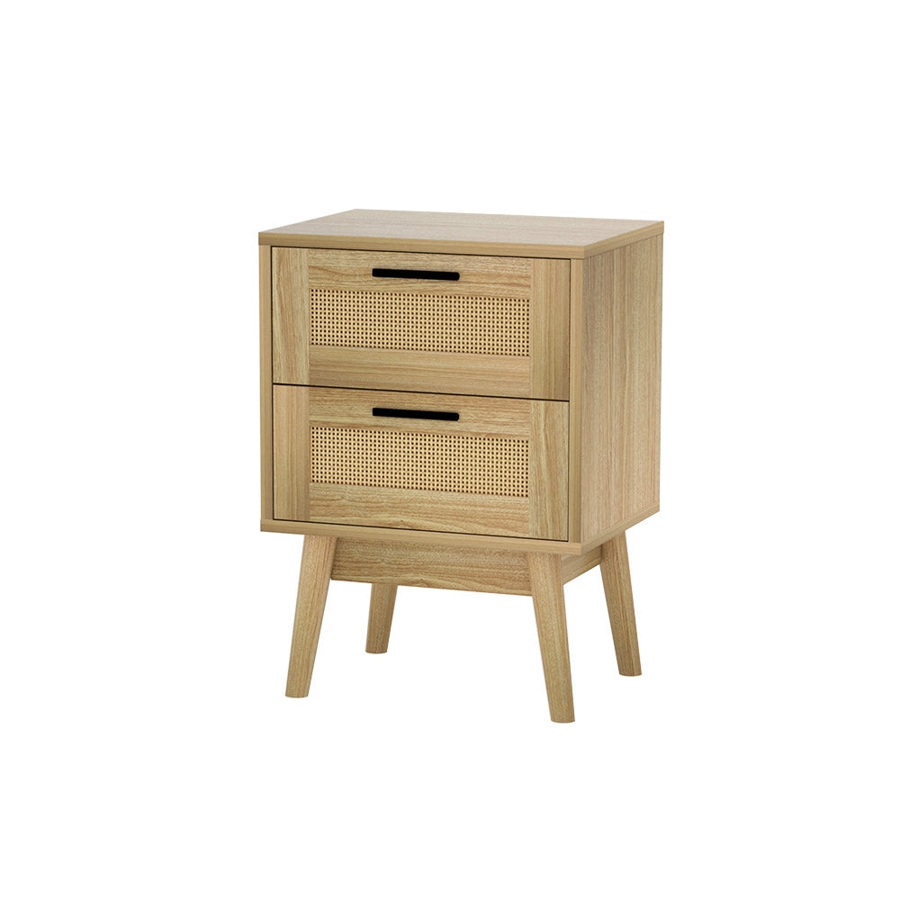 Artiss Rattan Bedside Table 2 Drawers Wood - RIE Oak - TRENDZ