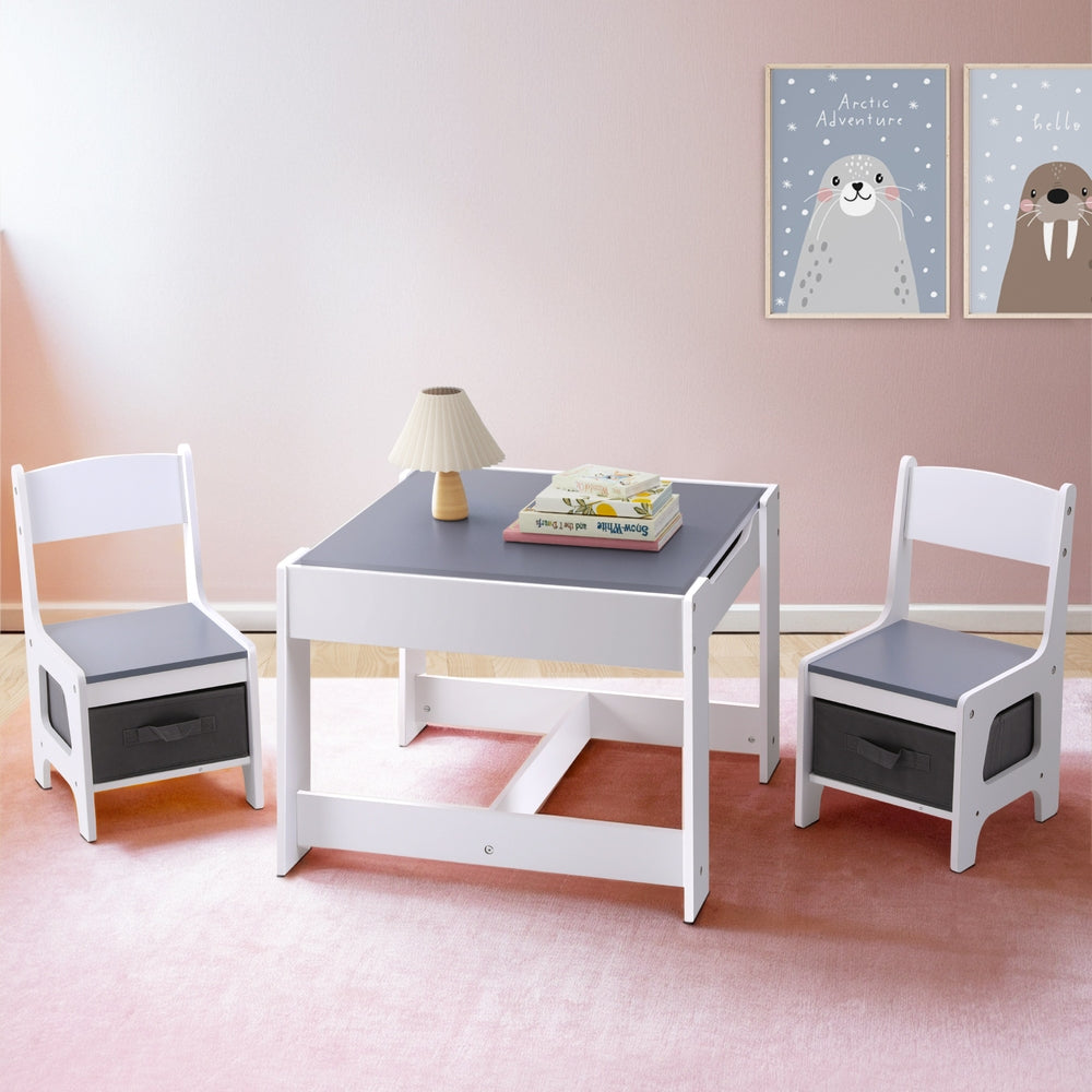 Keezi Kids Table and Chairs Set Play Activity Toys Storage Chalkboard Desk Grey - TRENDZ