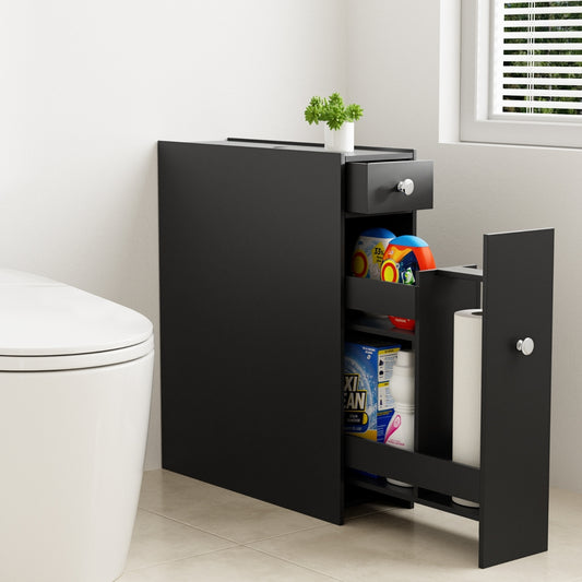 Artiss Bathroom Storage Cabinet Toilet Slim Tissue Box Caddy Holder Side Wooden Black - TRENDZ
