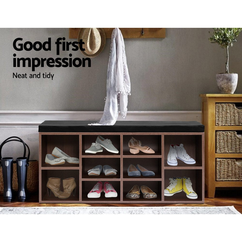 Artiss Shoe Rack Cabinet Bench 10 Cubes - Walnut - TRENDZ