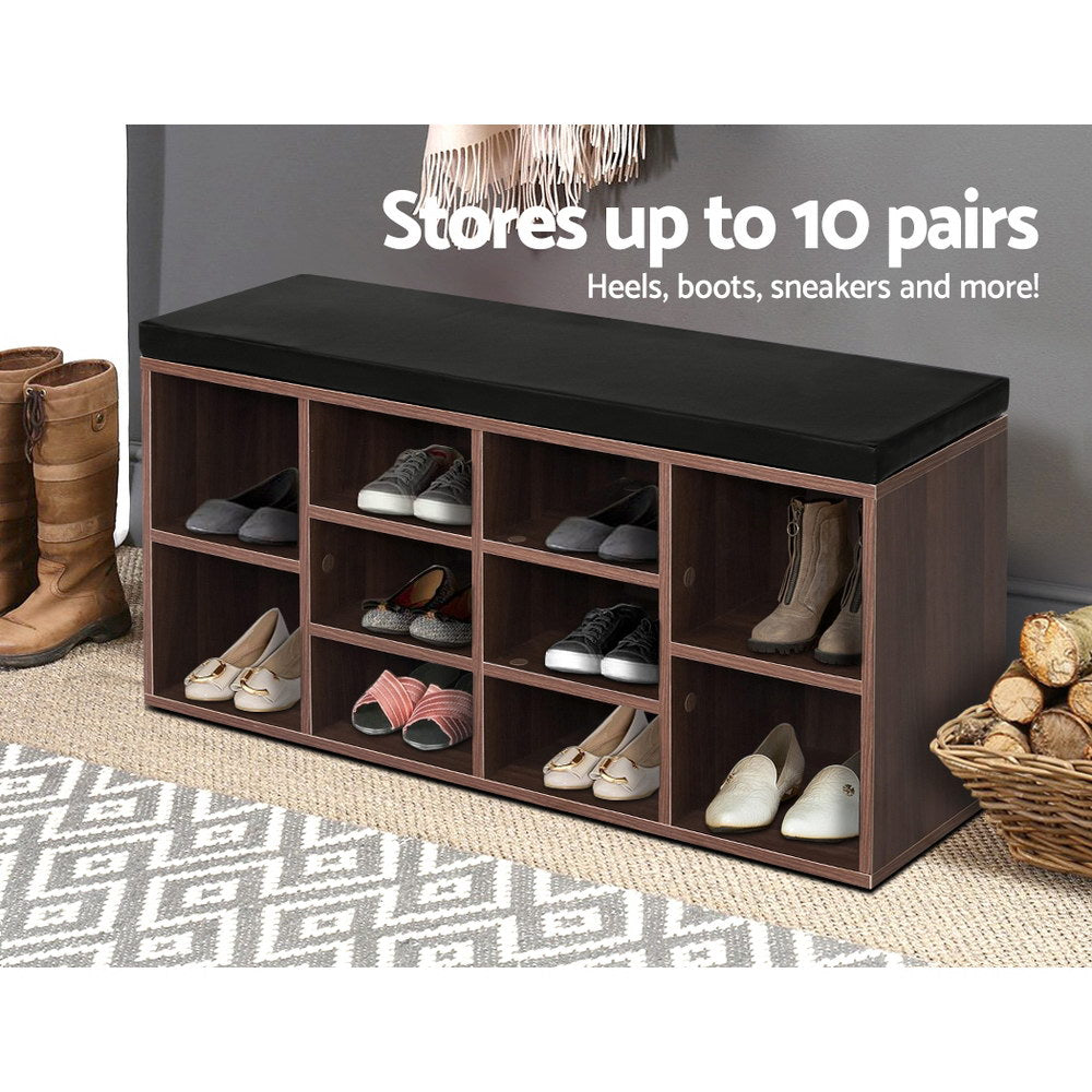 Artiss Shoe Rack Cabinet Bench 10 Cubes - Walnut - TRENDZ