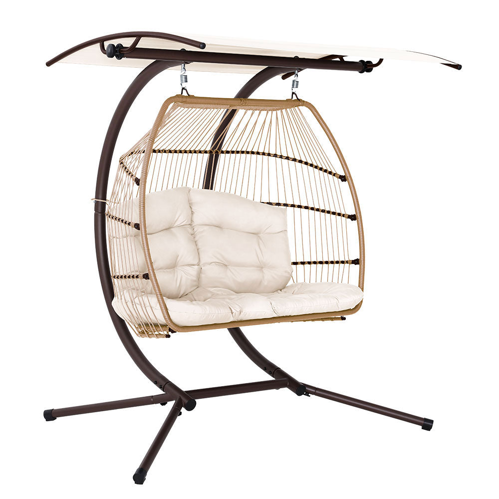 Gardeon Outdoor Egg Swing Chair Wicker Furniture Pod Stand Canopy 2 Seater Latte - TRENDZ