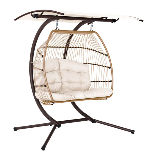 Gardeon Outdoor Egg Swing Chair Wicker Furniture Pod Stand Canopy 2 Seater Latte - TRENDZ