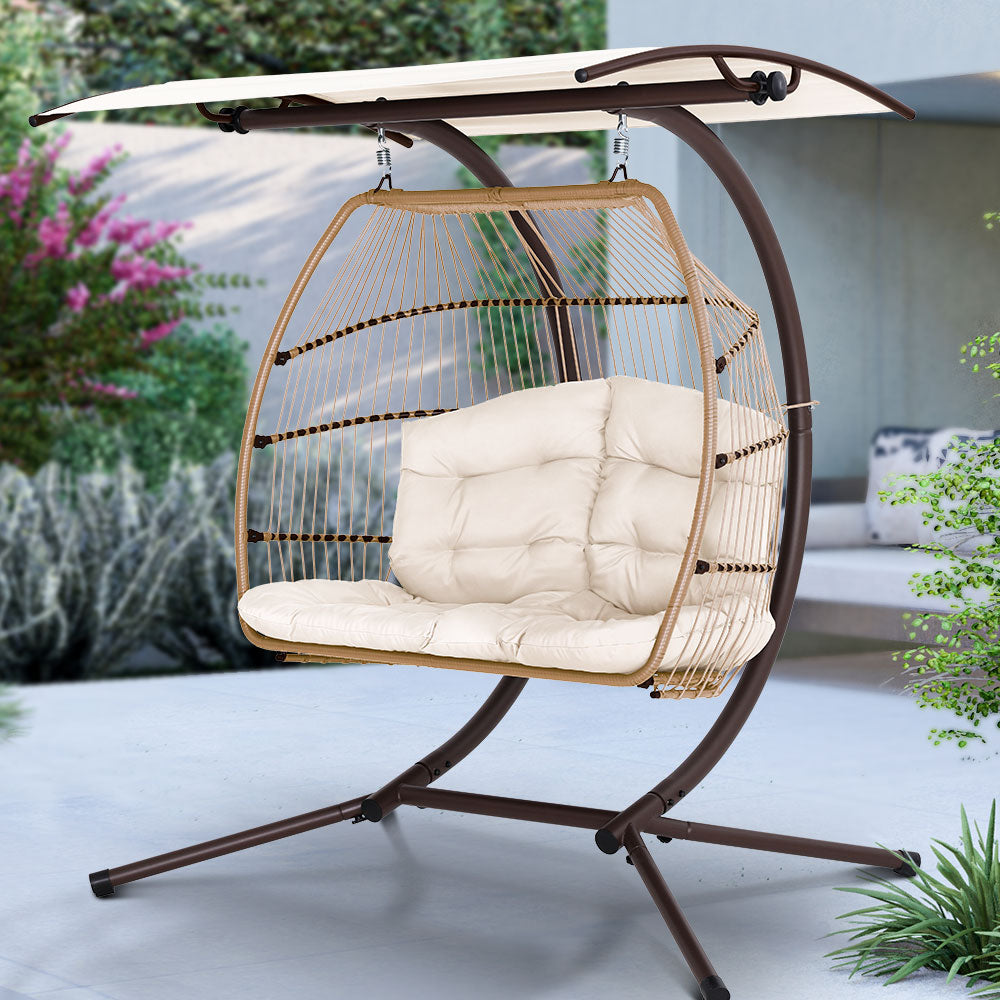 Gardeon Outdoor Egg Swing Chair Wicker Furniture Pod Stand Canopy 2 Seater Latte - TRENDZ