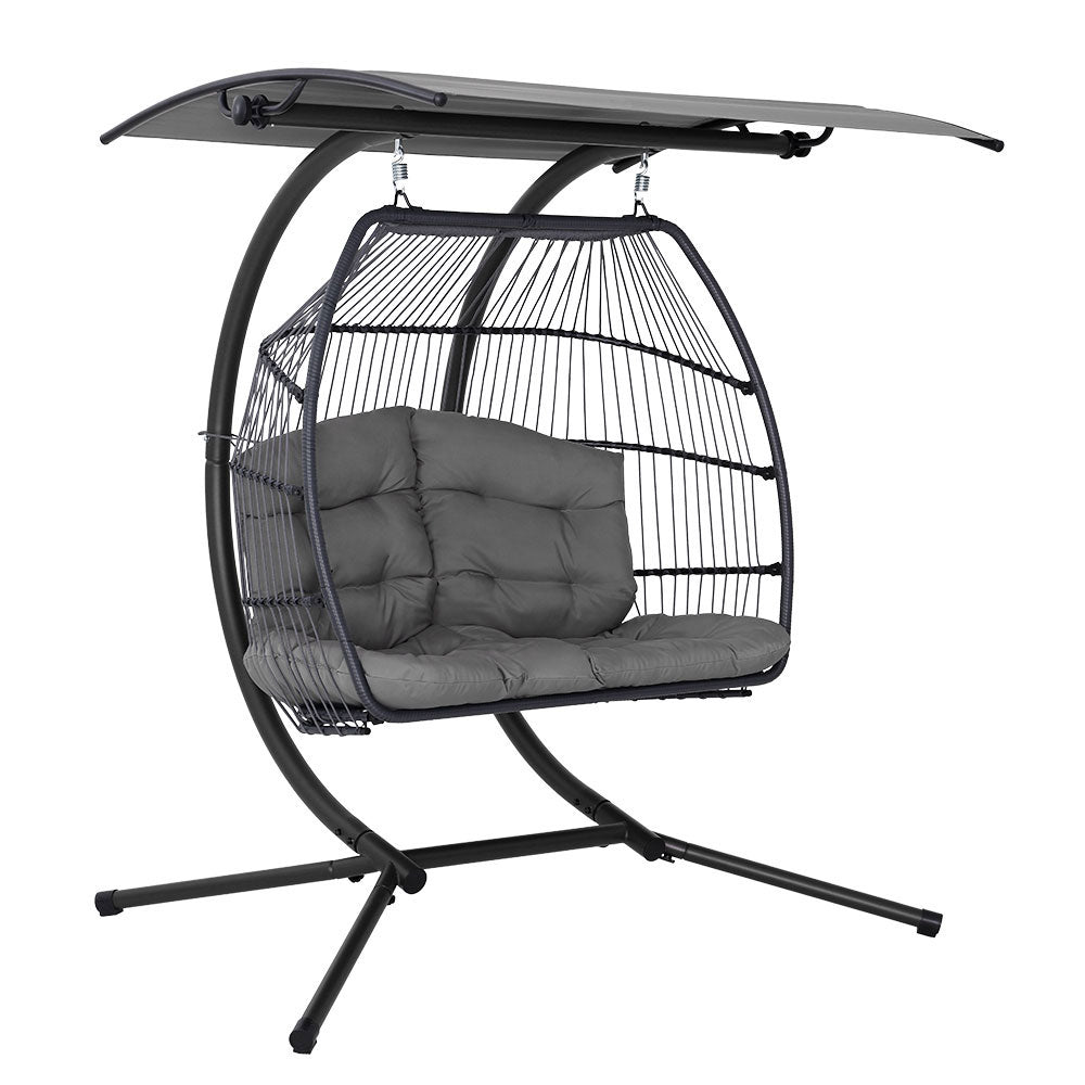 Gardeon Outdoor Egg Swing Chair Wicker Furniture Pod Stand Canopy 2 Seater Grey - TRENDZ
