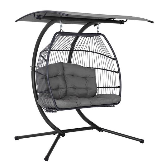 Gardeon Outdoor Egg Swing Chair Wicker Furniture Pod Stand Canopy 2 Seater Grey - TRENDZ