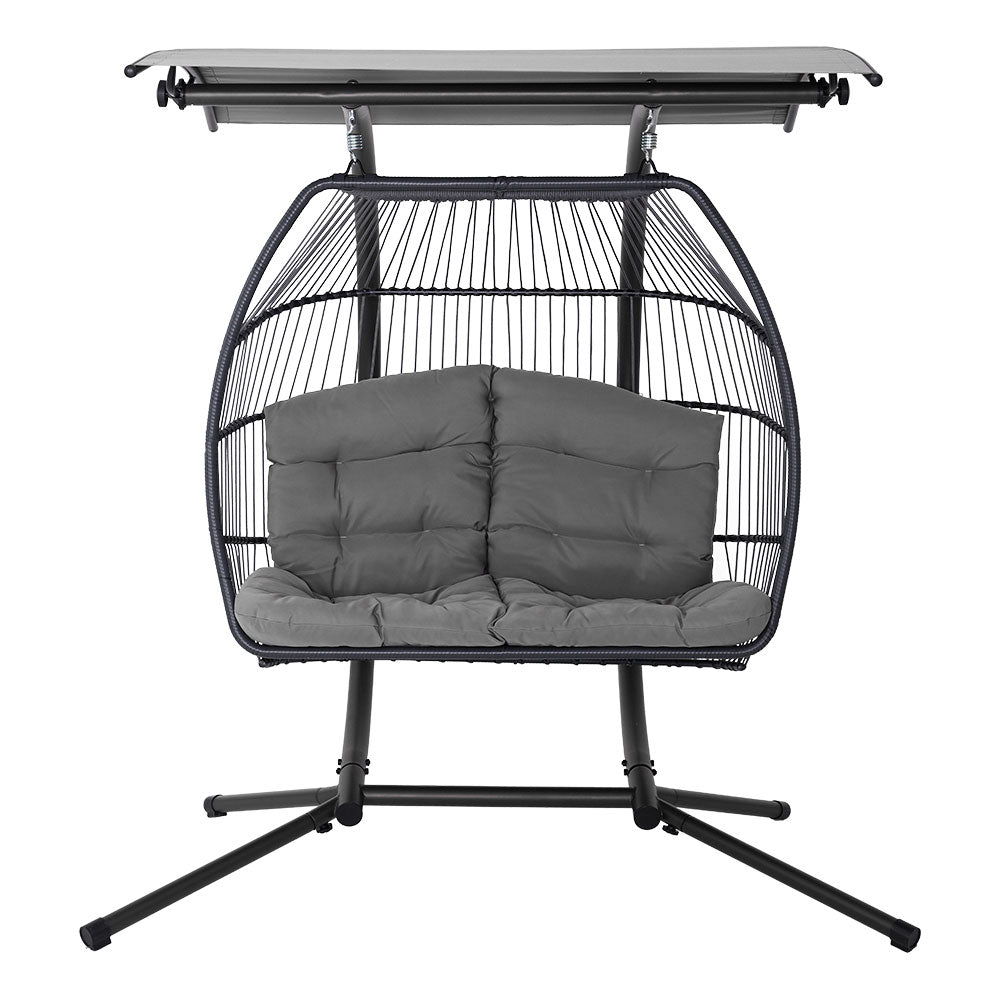 Gardeon Outdoor Egg Swing Chair Wicker Furniture Pod Stand Canopy 2 Seater Grey - TRENDZ
