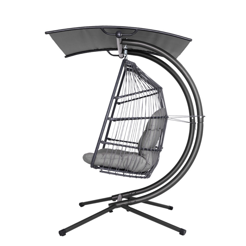 Gardeon Outdoor Egg Swing Chair Wicker Furniture Pod Stand Canopy 2 Seater Grey - TRENDZ