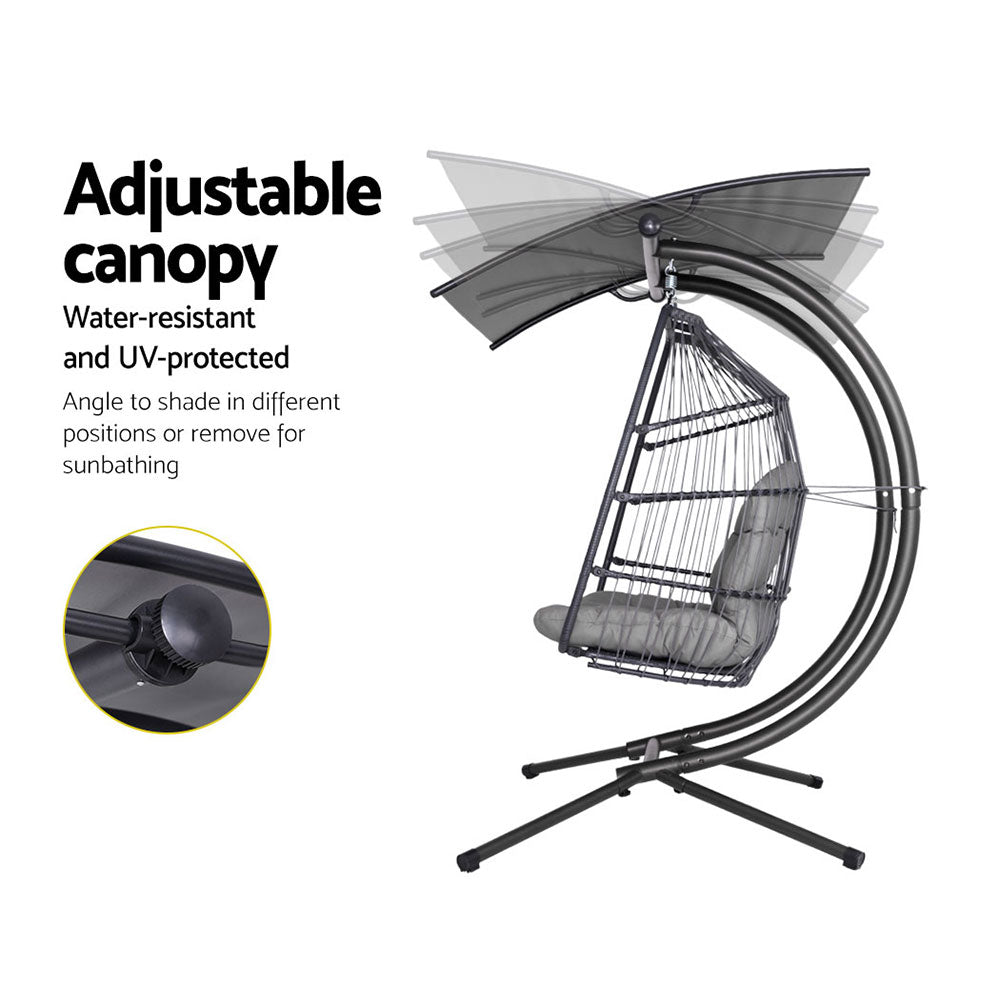 Gardeon Outdoor Egg Swing Chair Wicker Furniture Pod Stand Canopy 2 Seater Grey - TRENDZ