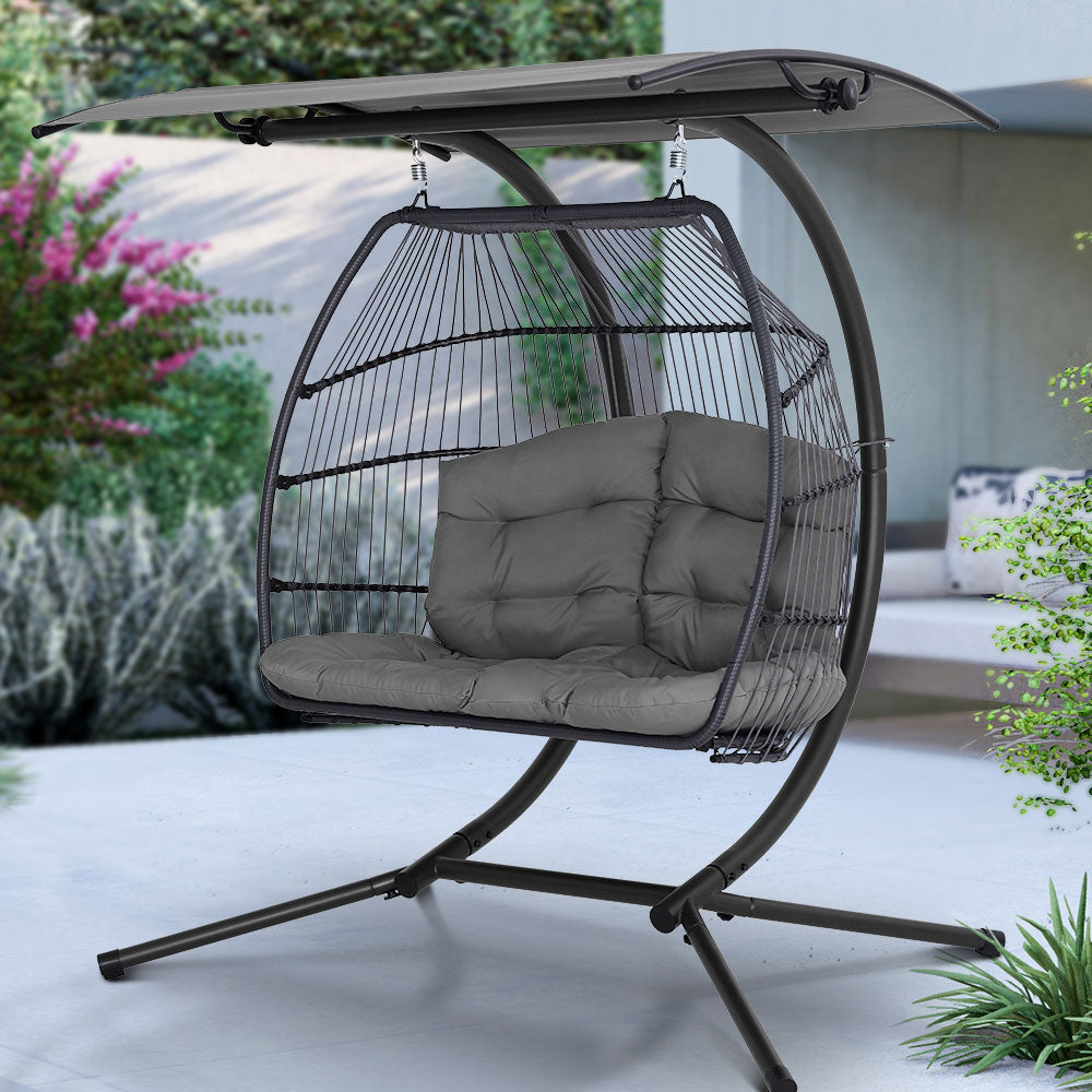 Gardeon Outdoor Egg Swing Chair Wicker Furniture Pod Stand Canopy 2 Seater Grey - TRENDZ