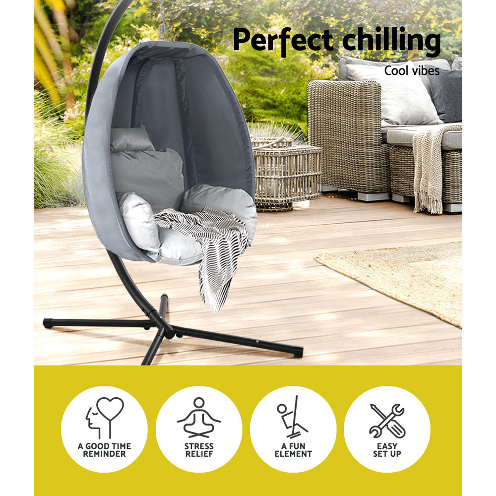 Gardeon Outdoor Egg Swing Chair Patio Furniture Pod Stand Canopy Foldable Grey - TRENDZ
