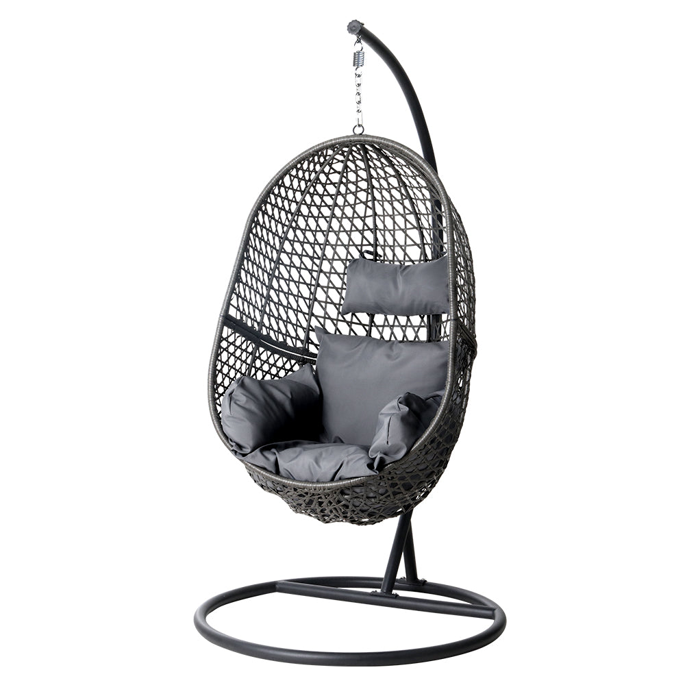 Gardeon Outdoor Egg Swing Chair Wicker Rattan Furniture Pod Stand Cushion Black - TRENDZ