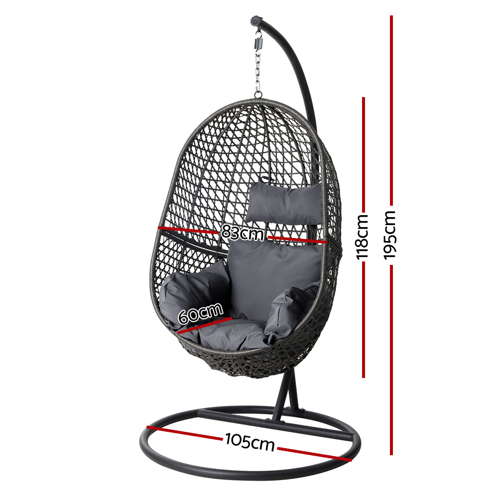 Gardeon Outdoor Egg Swing Chair Wicker Rattan Furniture Pod Stand Cushion Black - TRENDZ