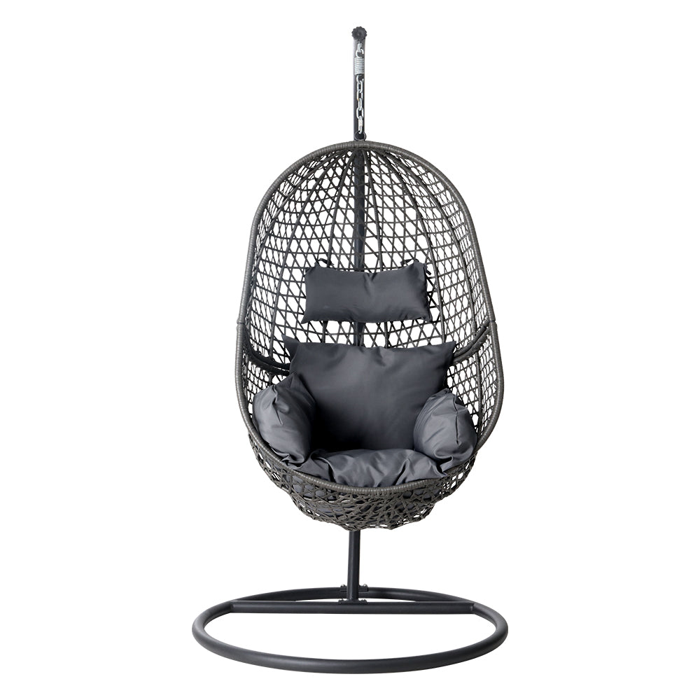 Gardeon Outdoor Egg Swing Chair Wicker Rattan Furniture Pod Stand Cushion Black - TRENDZ