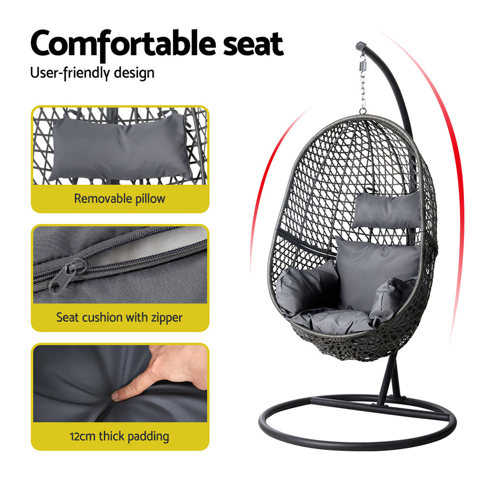 Gardeon Outdoor Egg Swing Chair Wicker Rattan Furniture Pod Stand Cushion Black - TRENDZ