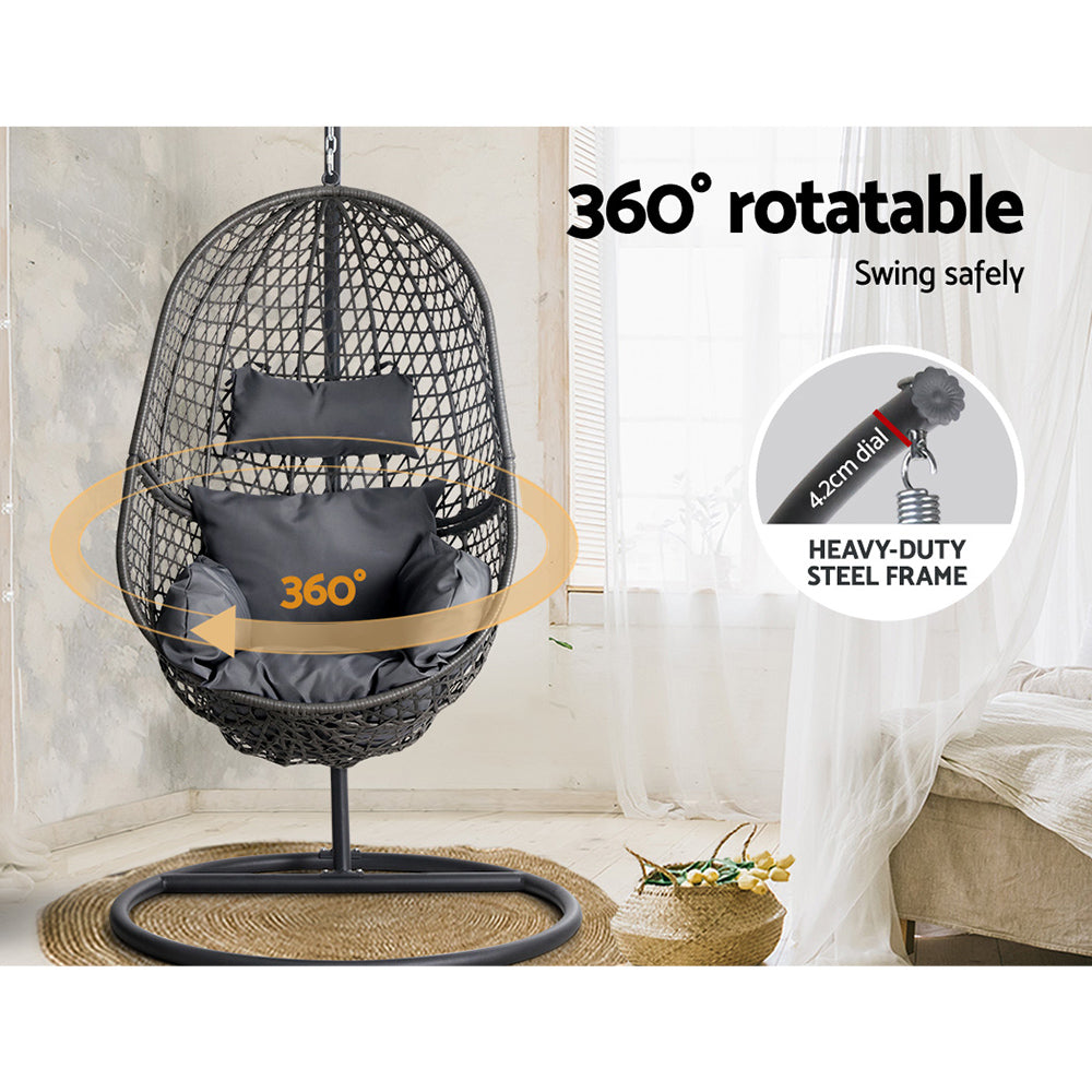Gardeon Outdoor Egg Swing Chair Wicker Rattan Furniture Pod Stand Cushion Black - TRENDZ