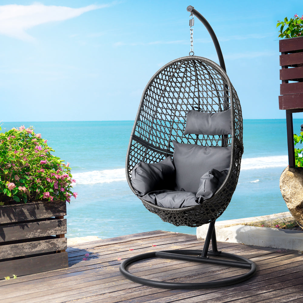 Gardeon Outdoor Egg Swing Chair Wicker Rattan Furniture Pod Stand Cushion Black - TRENDZ