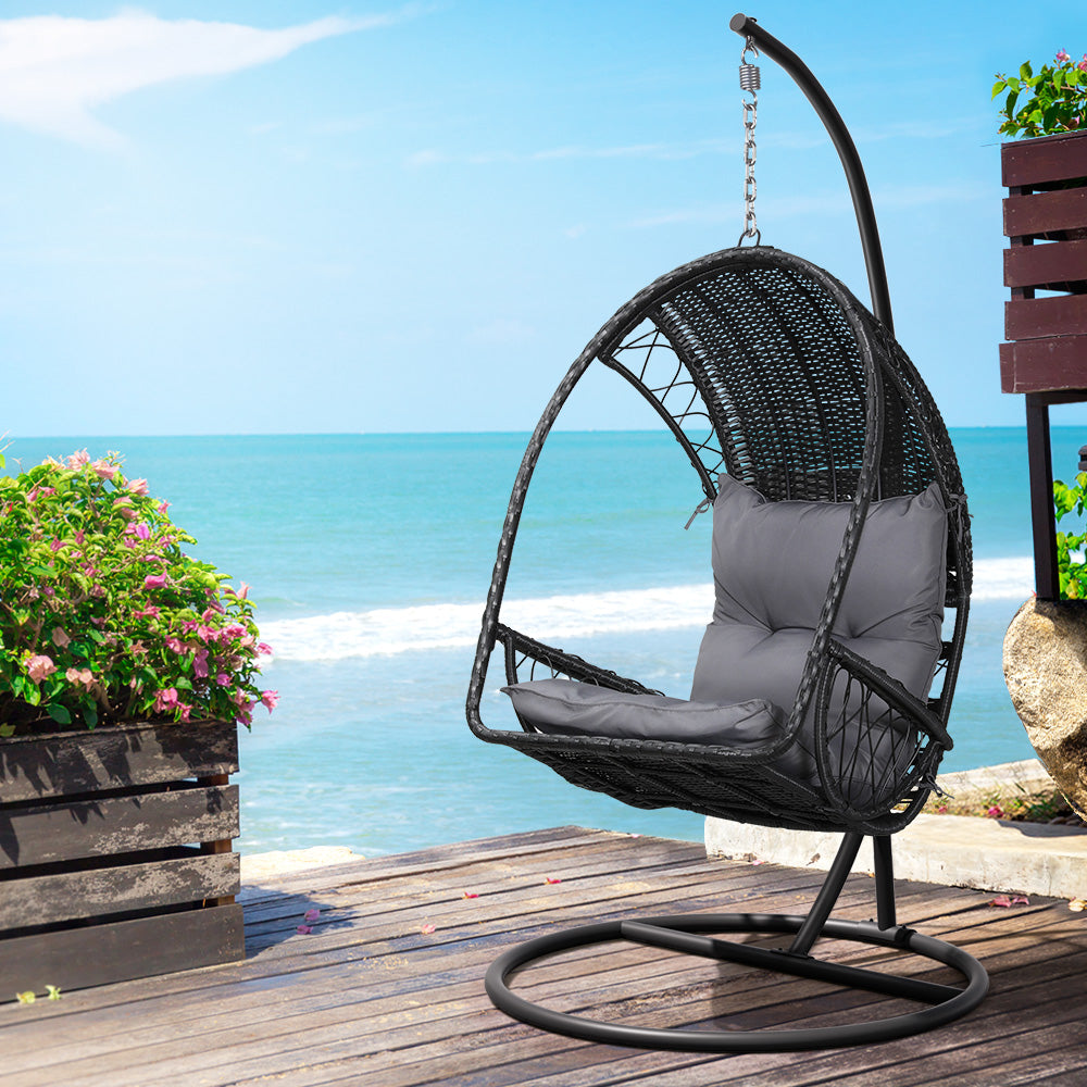 Gardeon Outdoor Egg Swing Chair Wicker Furniture Pod Stand Armrest Black - TRENDZ