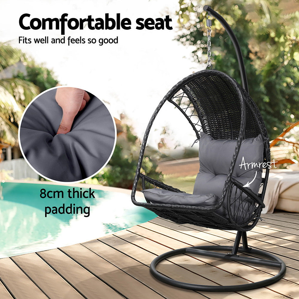 Gardeon Outdoor Egg Swing Chair Wicker Furniture Pod Stand Armrest Black - TRENDZ