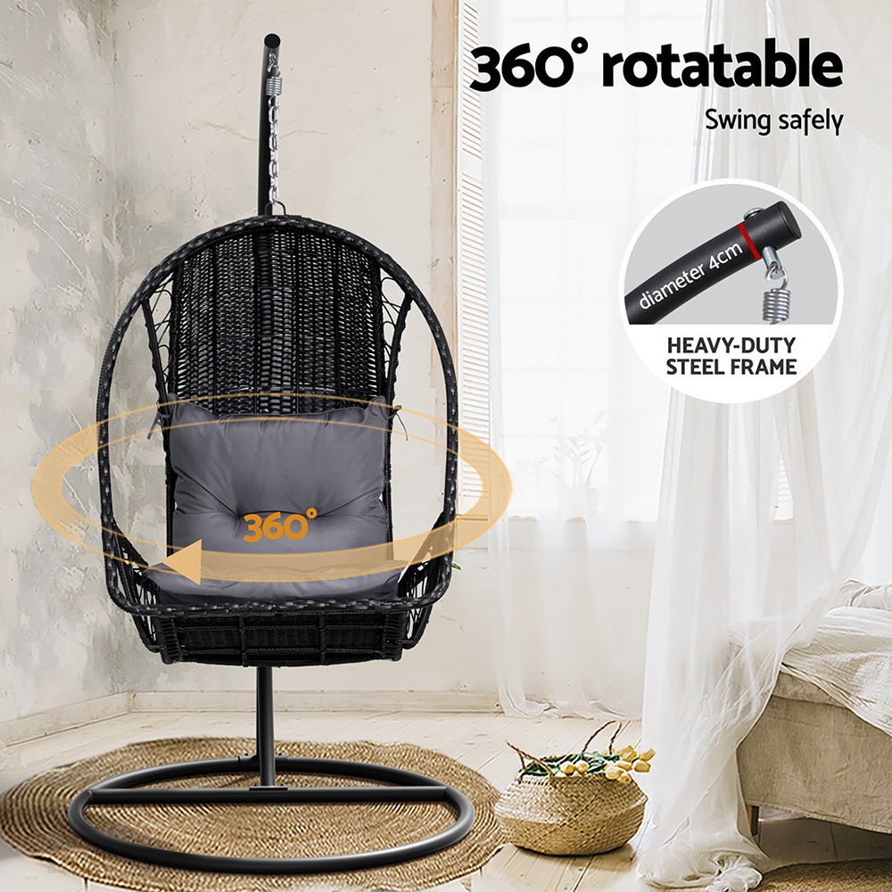 Gardeon Outdoor Egg Swing Chair Wicker Furniture Pod Stand Armrest Black - TRENDZ