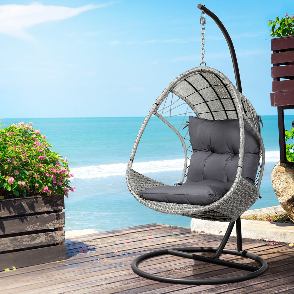 Gardeon Outdoor Egg Swing Chair Wicker Furniture Pod Stand Armrest Light Grey - TRENDZ
