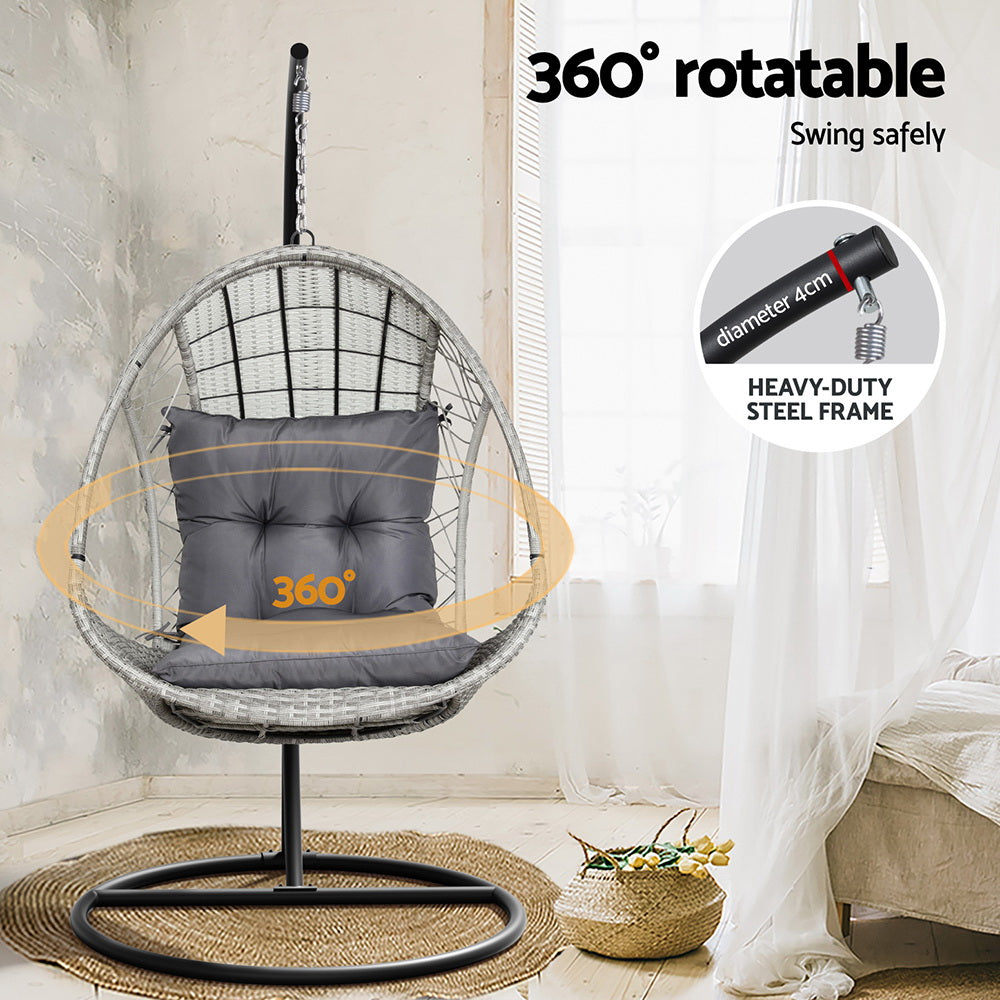 Gardeon Outdoor Egg Swing Chair Wicker Furniture Pod Stand Armrest Light Grey - TRENDZ