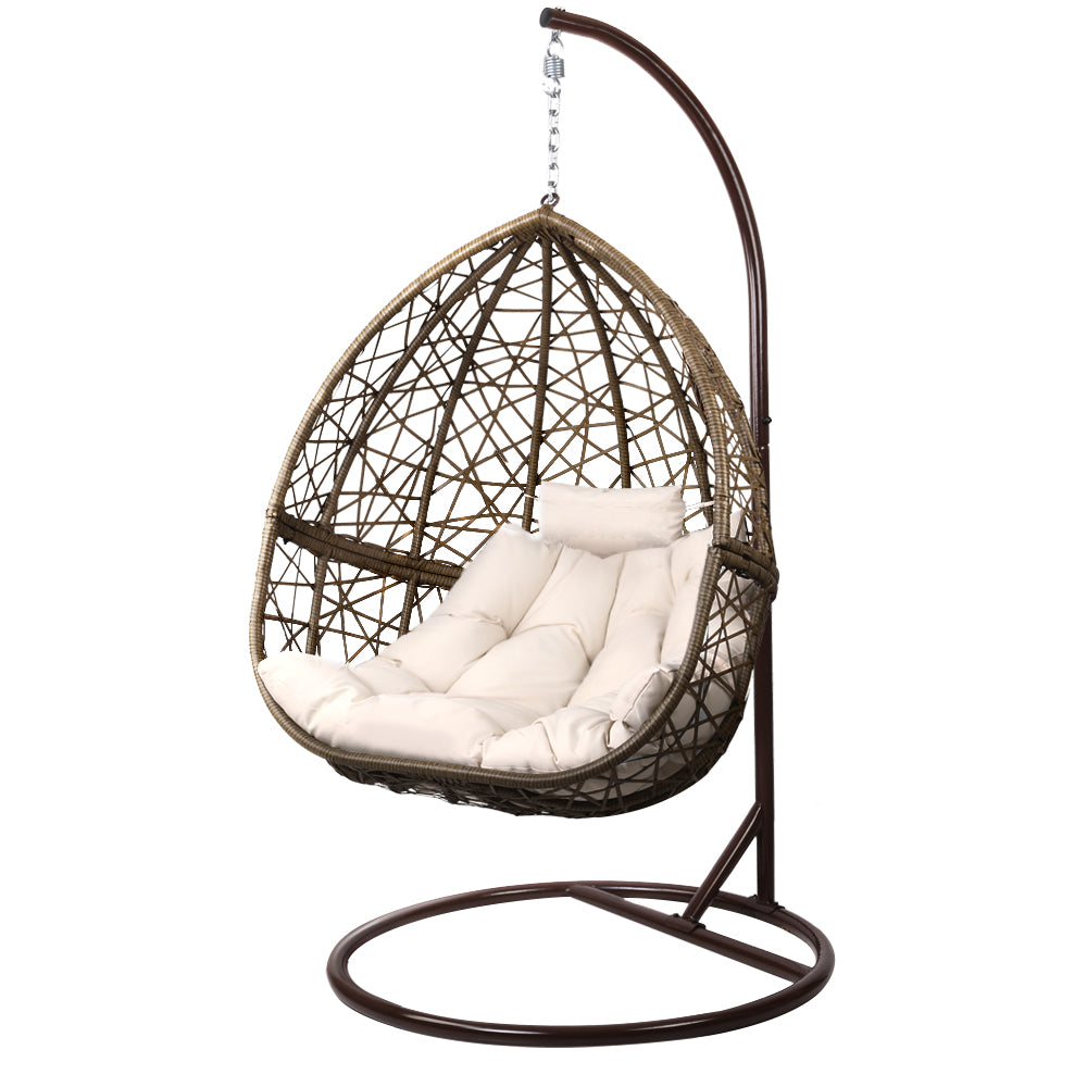 Gardeon Outdoor Egg Swing Chair Wicker Rattan Furniture Pod Stand Cushion Latte - TRENDZ