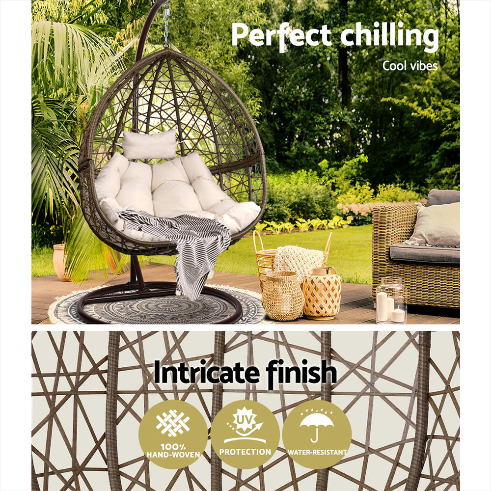 Gardeon Outdoor Egg Swing Chair Wicker Rattan Furniture Pod Stand Cushion Latte - TRENDZ
