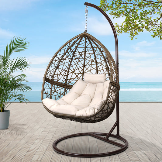 Gardeon Outdoor Egg Swing Chair Wicker Rattan Furniture Pod Stand Cushion Latte - TRENDZ